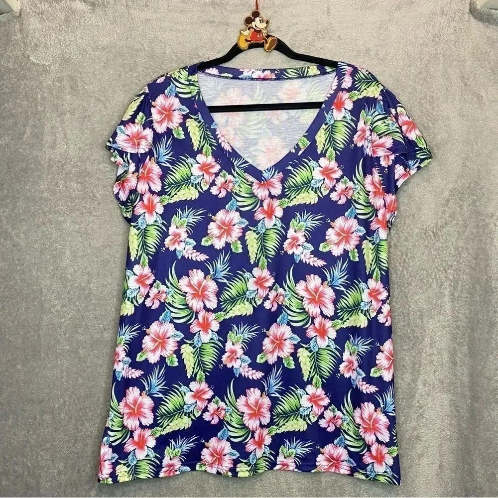 Amazon 2x Top Shirt Blue Pink Floral Short Sleeve V Neck Stretch Casual Womens